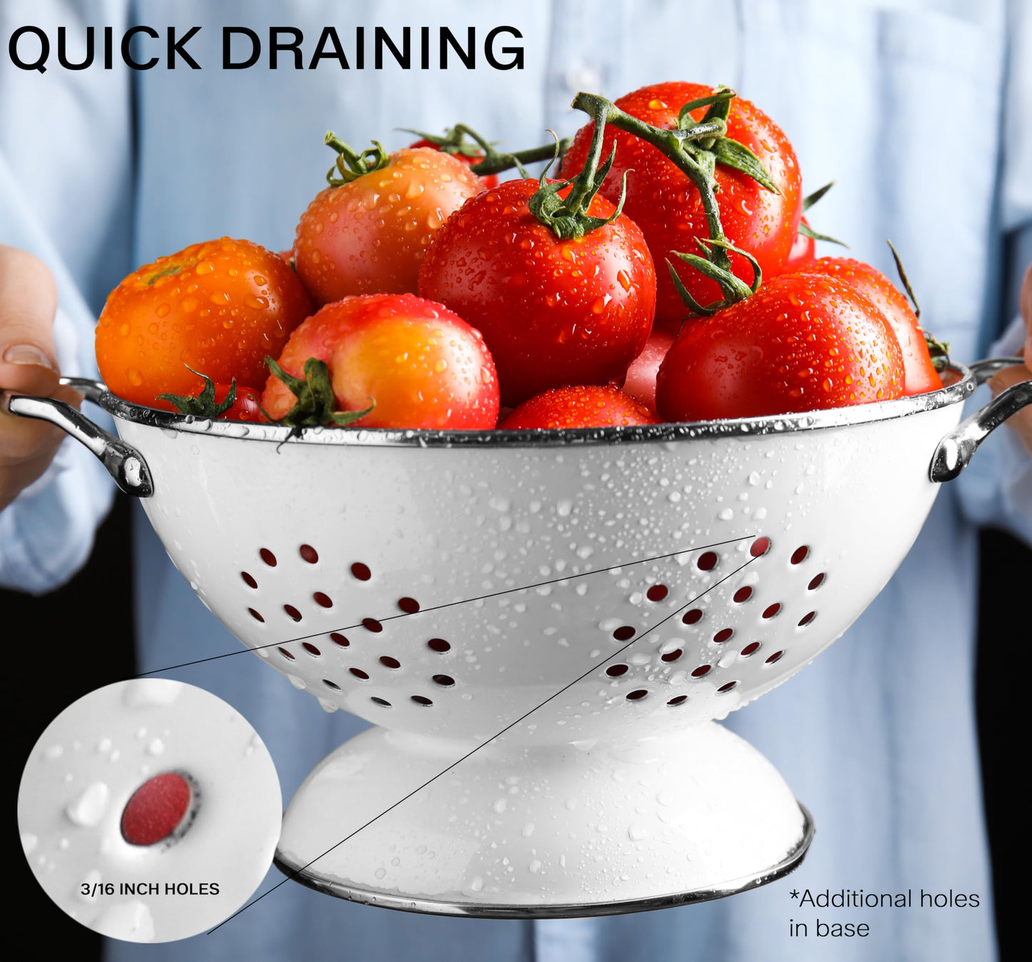 Reston Lloyd, 3 Quart Powder Coated Steel Kitchen Strainer Basket for draining Pasta, Vegetable and Fruit, Chrome Handles and Wide Stable Base, Red