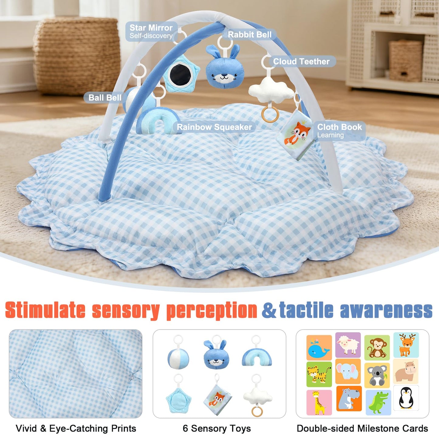 5-in-1 Baby Gym Play Mat with Cartoon Pattern, Extra Thick Plush Tummy Time Activity Gym with Hanging Toys, Sensory Development & Motor Skills Training Floor Mat, Fox