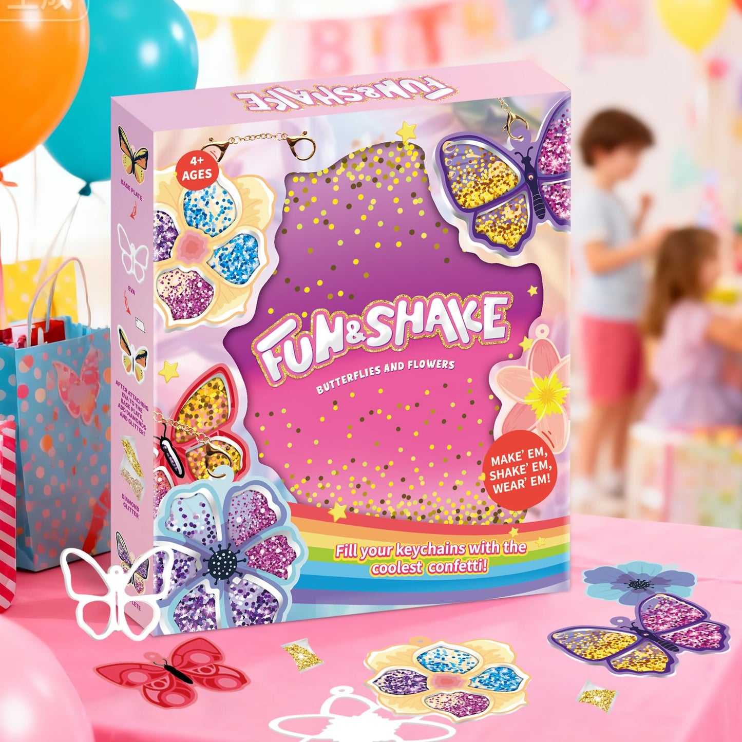 Artnedu Shake-its– Fun&Shake Kit de artesanato com Glitter para crianças, artes e artesanato DIY com chaveiros,Flowers & Butterflies,Creative Gift for Girls & Boys Ages 4, 5, 6, 7, 8, 9, 10
