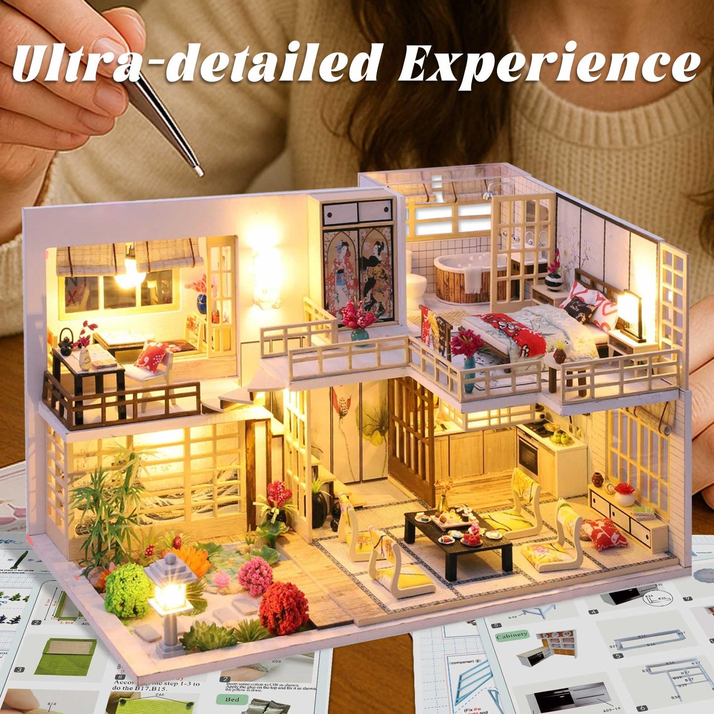 Flever Dollhouse Miniature DIY House Kit with Japanese Style, Creative Room with Furniture for Romantic Valentine's Gift (Quiet and Elegant Residence)