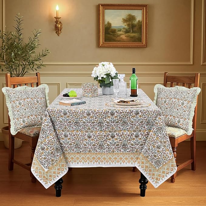 Ridhi Hand Block Print Goldenrod Yellow Rectangle Cotton Tablecloth 102" x 48" Reusable Table Cover Decorative Everyday Use for Dining, Farmhouse, Home Gift for Spring, Easter, Valentine