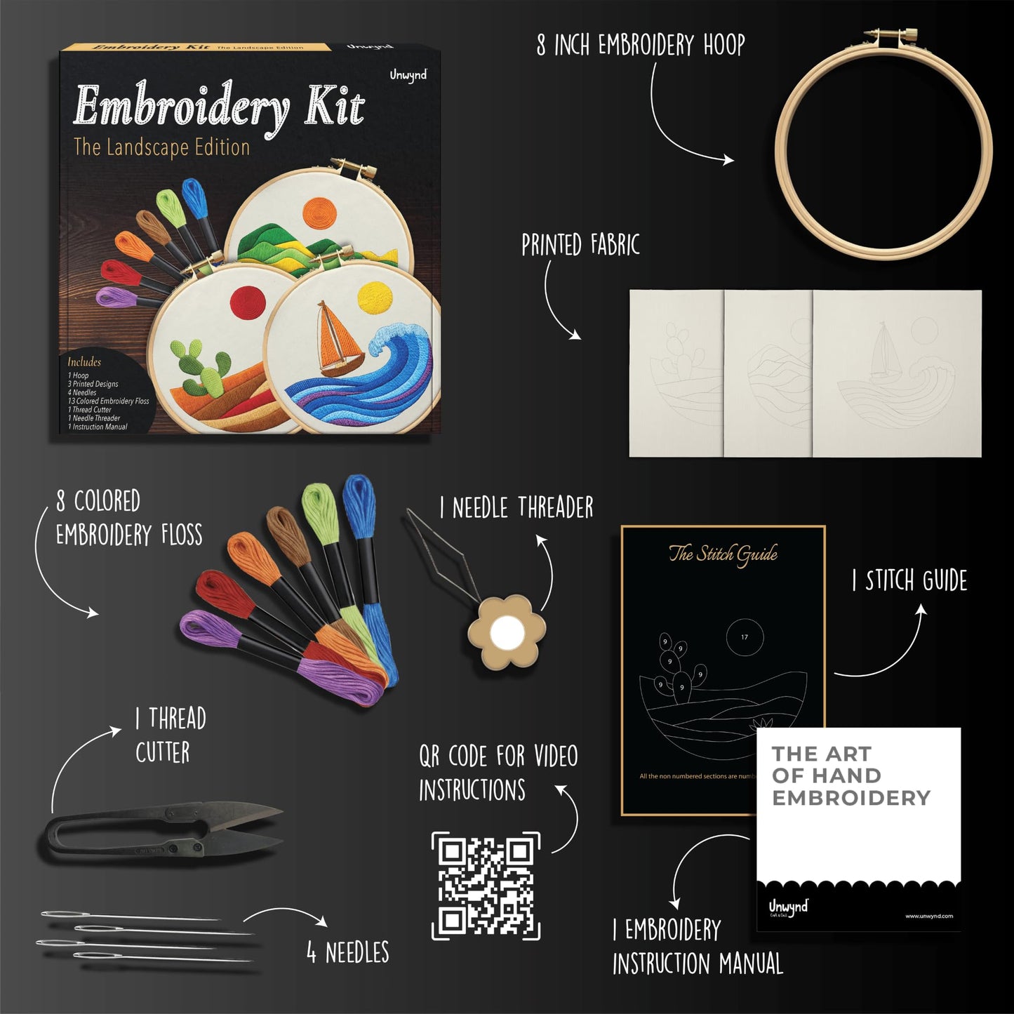 Unwynd Embroidery Kit Landscape Edition Set of 3 kit,Cross Stitch Kits for Beginners,Needlepoint Kits for Adults with Easy Floral Pattern Hand Crafts,Hoop,Needle,Mothers Day Gifts