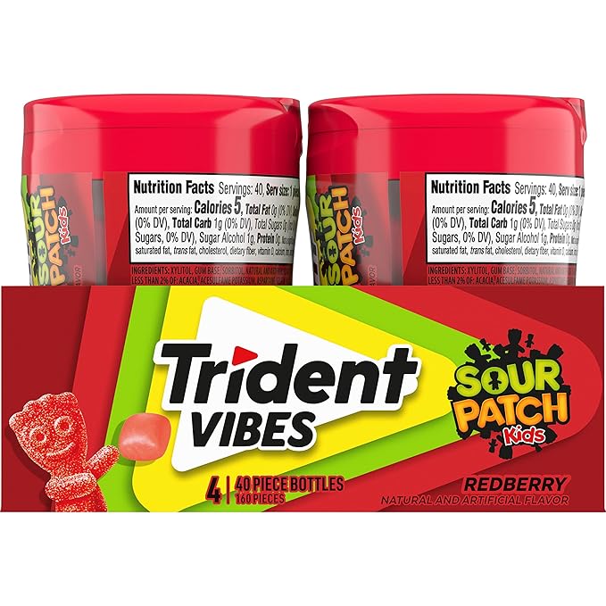 Trident Vibes SOUR PATCH KIDS Redberry Sugar-Free Chewing Gum, 4-40 Piece Bottles (160 Total Pieces)