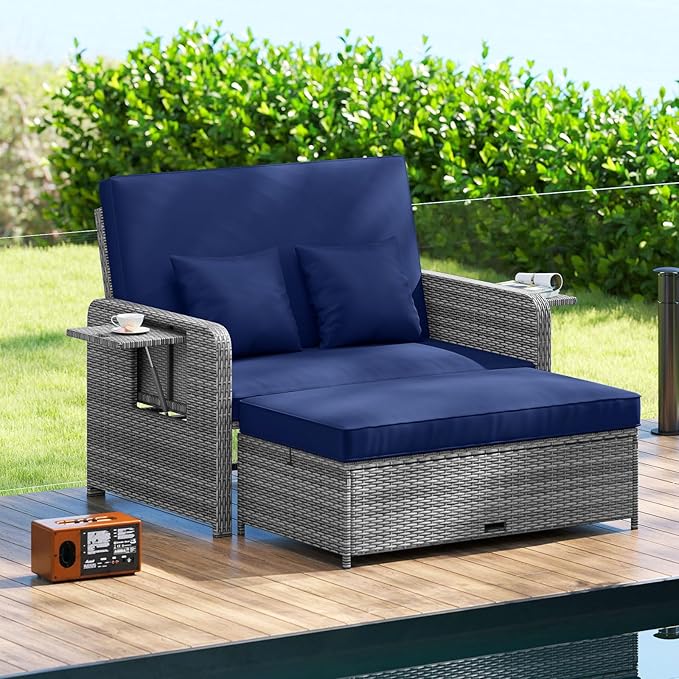HAPPYGRILL Patio Rattan Wicker Daybed with Loveseat & Storage Ottoman, Outdoor Lounge Sofa Furniture Set with Adjustable Backrest & Side Trays, for Poolside Deck Porch Lawn (Mix Grey & Navy)