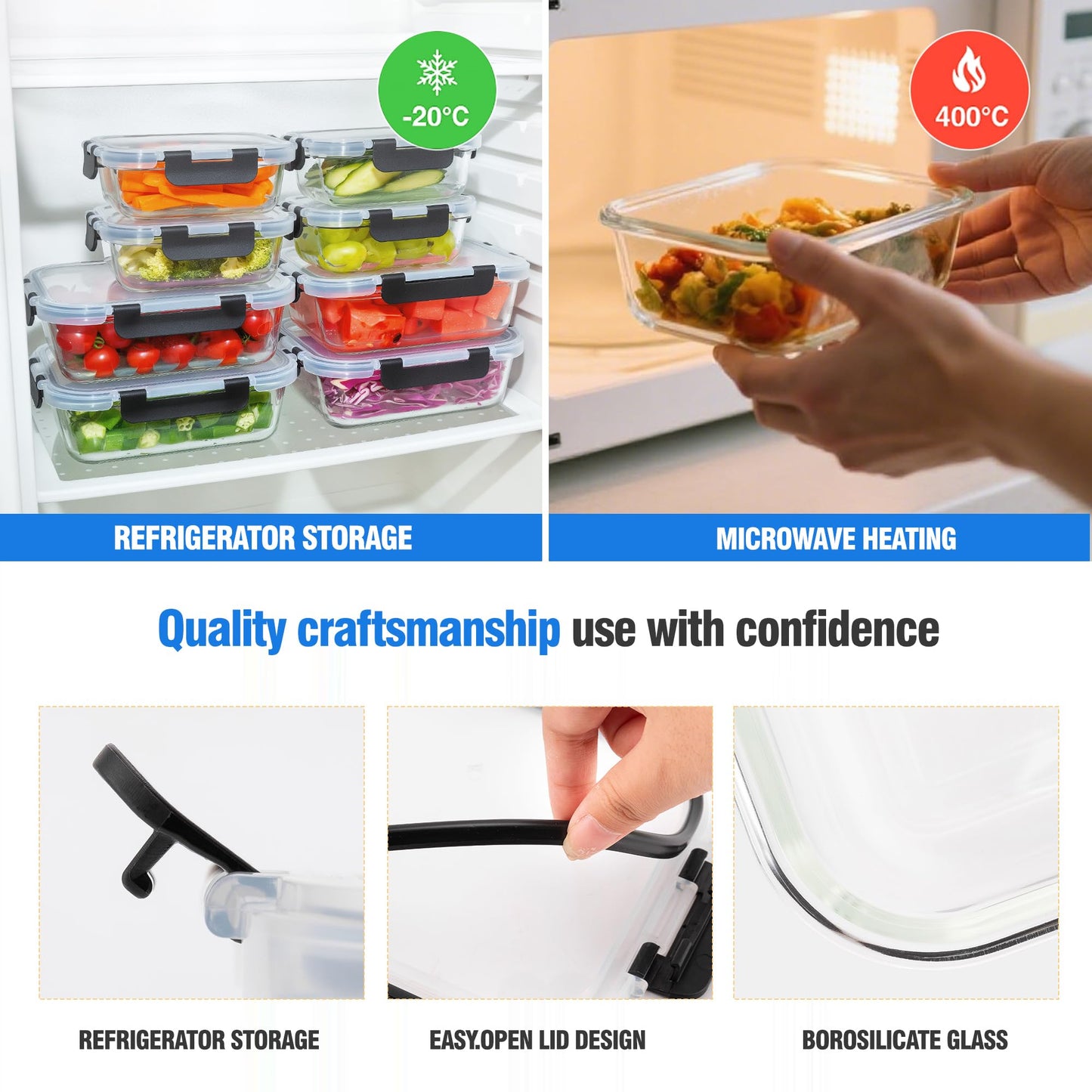 WWYH.DSS 5-Piece Set, 36 oz Glass Meal Prep Containers with Snap-Lock Lids, Airtight Lunch Containers, Microwave, Oven, Refrigerator & Dishwasher Safe,Black