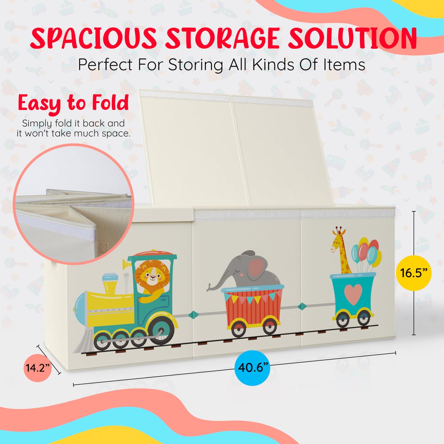 Rossoff Extra Large Collapsible Sturdy Toy Storage Organizer with Lids, Animal Train Toy Box for Boys Girls, 40"x16"x16", Modern, Beige