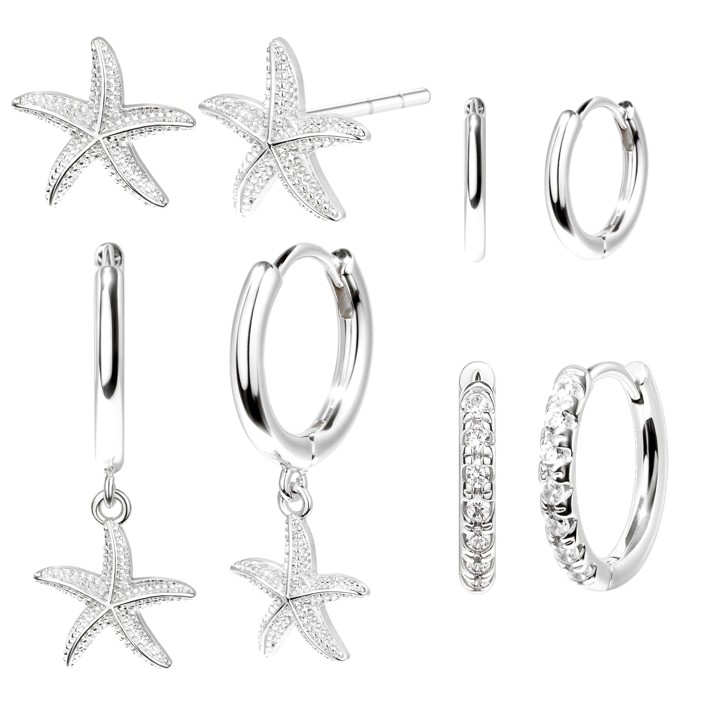 Starfish Earrings Set for Women, Silver Starfish Dangle Stud Hoop Earring Set for Multiple Piercing, Summer Beach Jewelry, Essential for Holiday Earrings