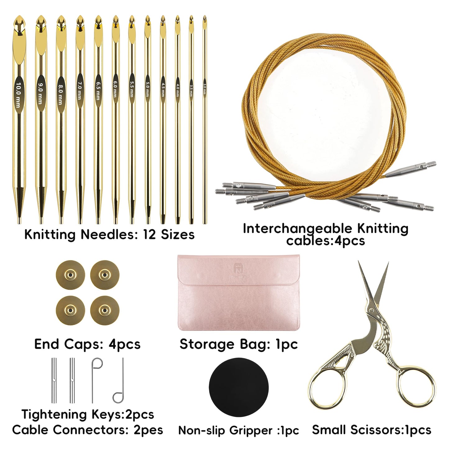 27Pc Gold Plated Tunisian Crochet Hooks Set 3mm-10mm, Interchangeable Aluminum Crochet Hook with Cable, Long Crochet Hooks for Tunisian Crochet, Versatile Crochet Hook Set for Craft Enthusiasts