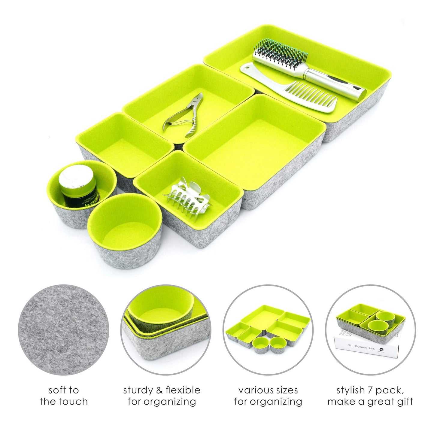 Welaxy Drawer organizer bin felt trays desk storage dividers for home office supplies Nightstand sort catchall entryway 7-piece Pack gift idea (Green)