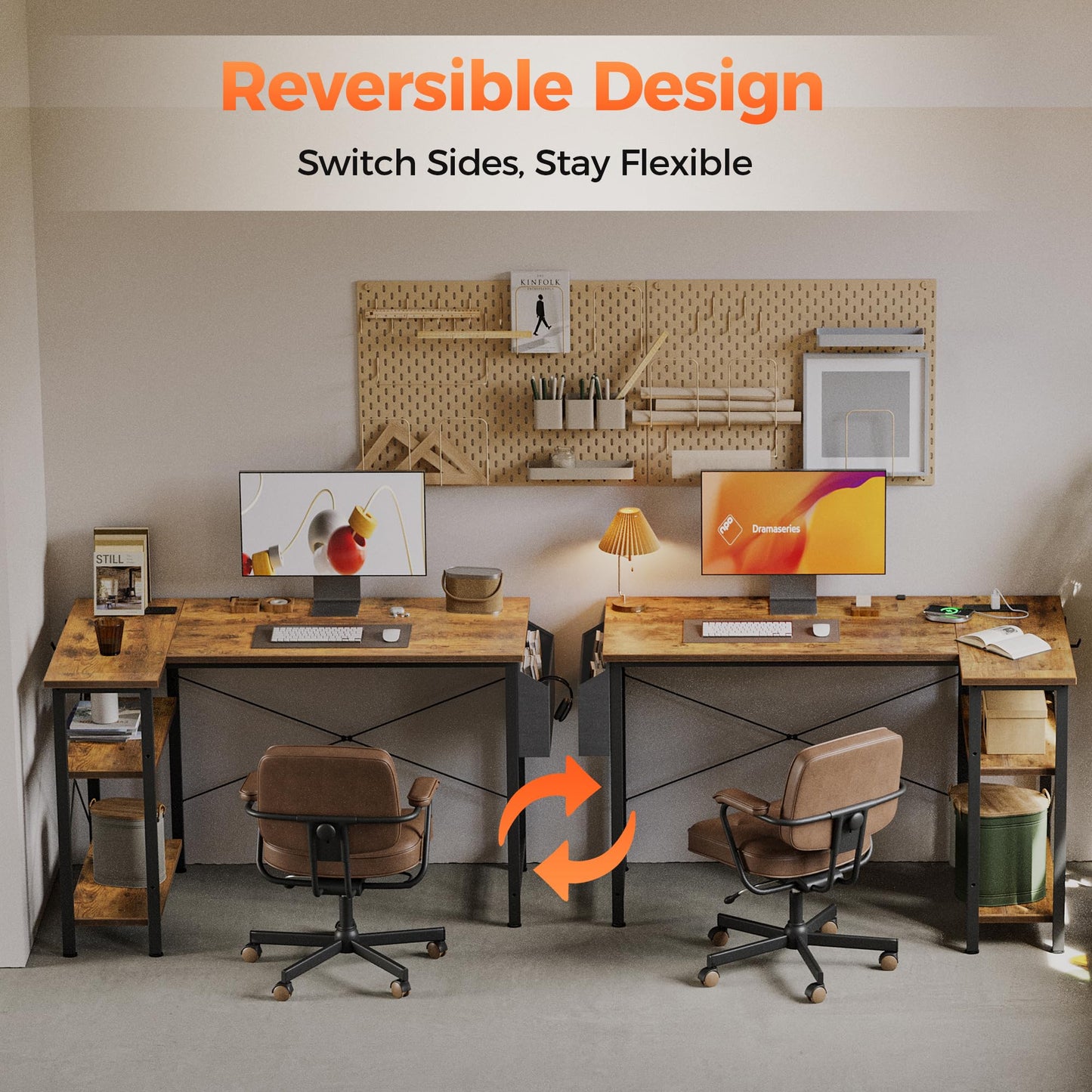 Mericonia Small L Shaped Computer Desk with Power Outlets, Reversible Gaming Desk with Storage Shelves, Corner Gamer Desk Table, Study Writing Table