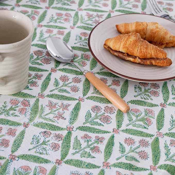 Labhanshi Indian Handblock Print Floral Cotton Table Cloth|Rectangle 60x90 Inch 6-Seater Kitchen Dining Table Cloth|Thanksgiving Wedding Festive Holiday Picnic Party Decorative Table Cover|Green Pink