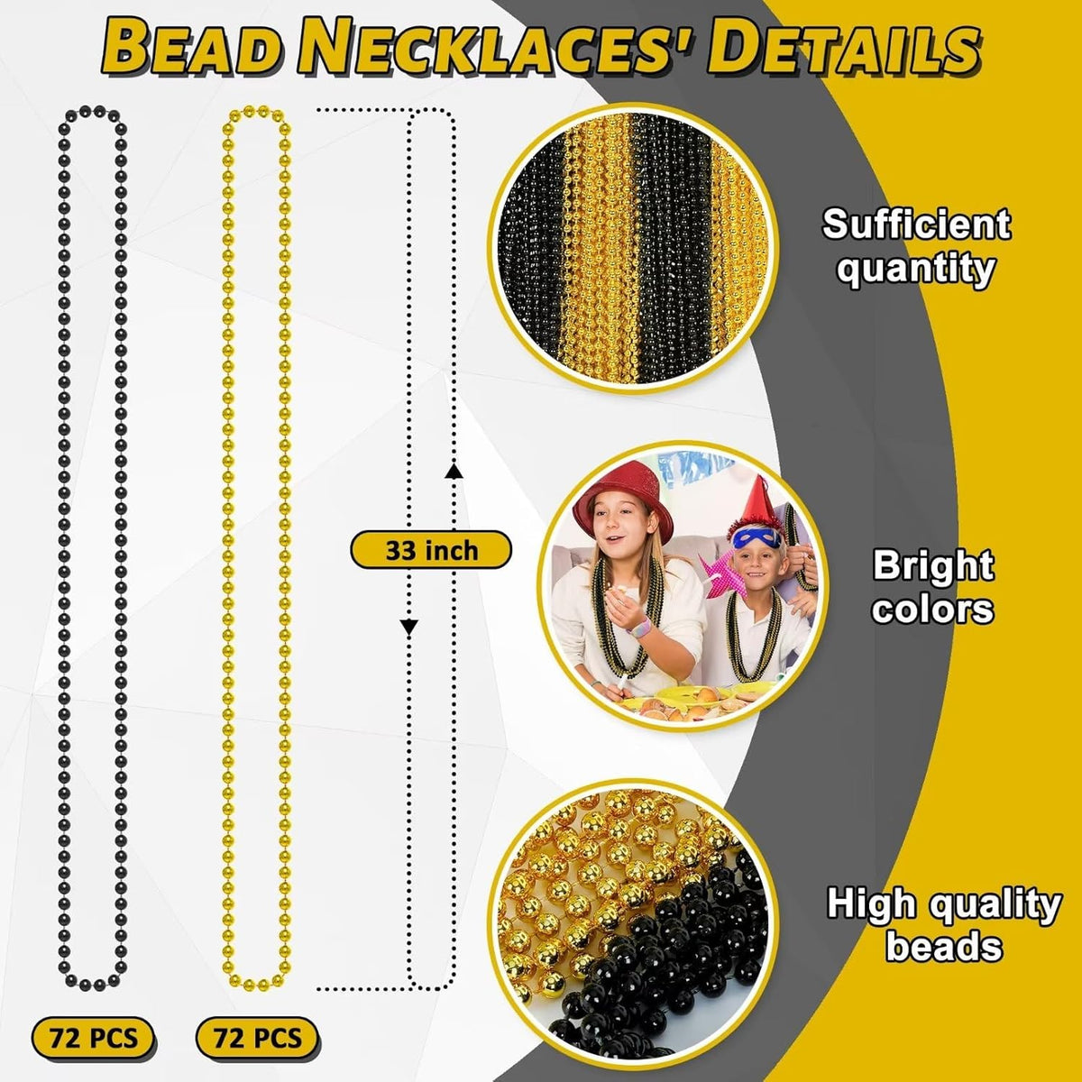 144PCS New Years Eve Bead Necklace, Black Gold Bead Necklace Party Supplies, 33" New Years Eve Necklaces Costume Set, Festival Parade Throw for Mardi Gras New Years Celebrations Decorations