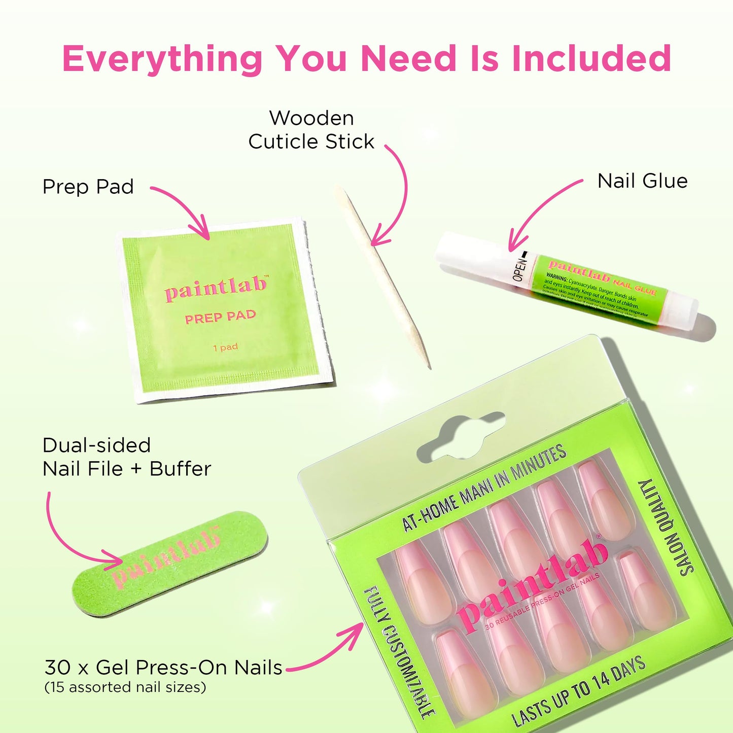 PaintLab Press On Nails - Blush Pink Coffin Fake Nails, 30 Nails in 15 Sizes with Glue, Reusable Salon Quality Press On Nails