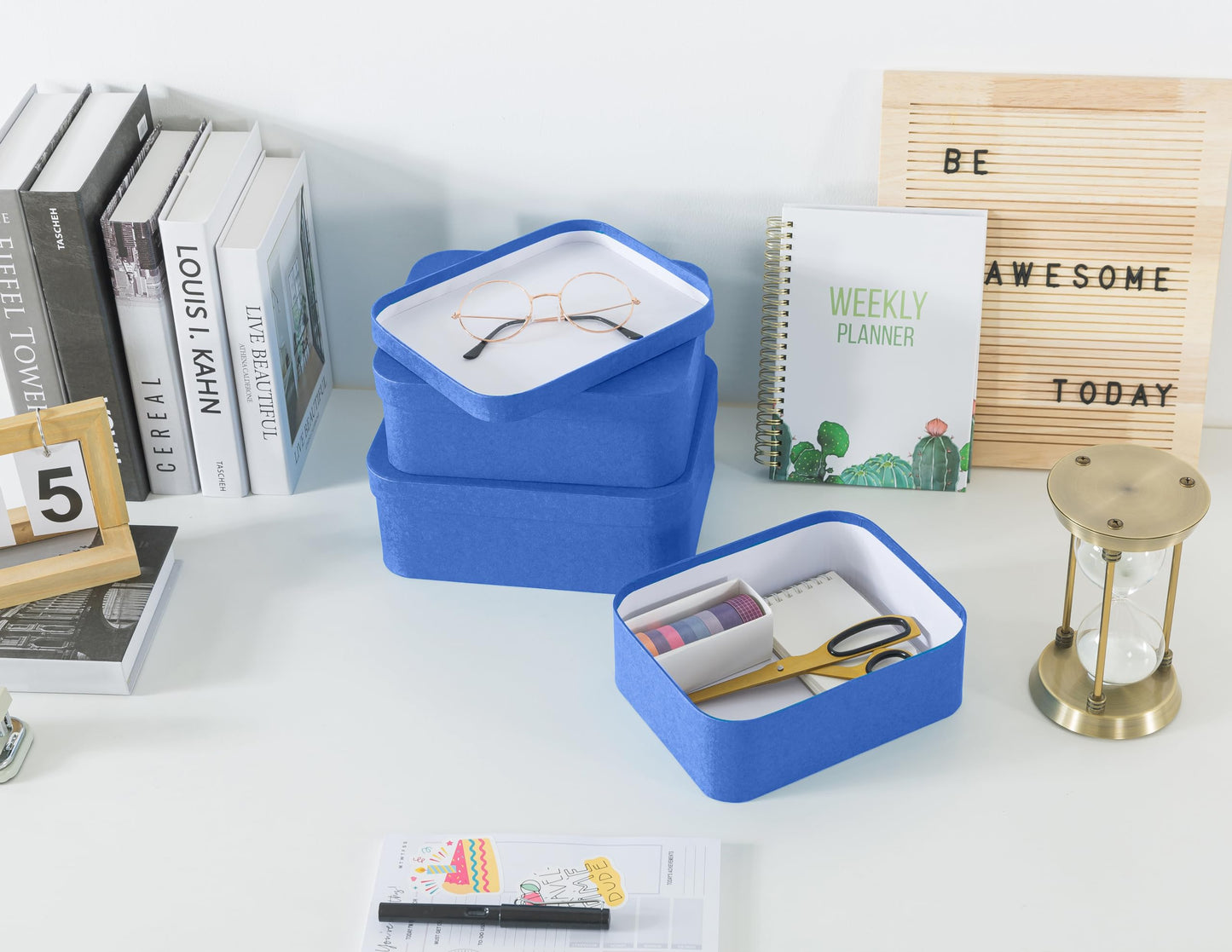 Soul & Lane Set of 3 Textured Royal Blue Boxes with Rounded Edges, Nesting Decorative Cardboard Boxes with Lids, Large Paperboard Storage for Organizing, Keepsakes, Gifts