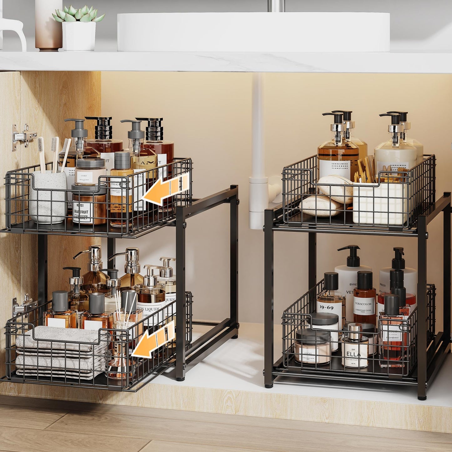 Under Sink Organizer, 2-Tier Pull Out Cabinet Organizer, Kitchen Bathroom Organizer and Storage, Spice Rack for Kitchen, Multi-use Sliding Drawers Shelves, Pack of 2