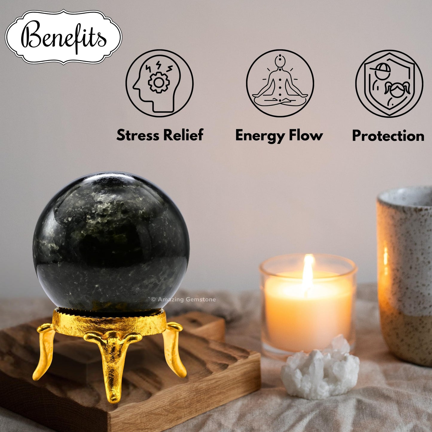 Amazing Gemstone Nuummite Crystal Ball with Stand - 2" Inches Crystal Sphere Meditation Balls for Witchcraft and Decorative Balls