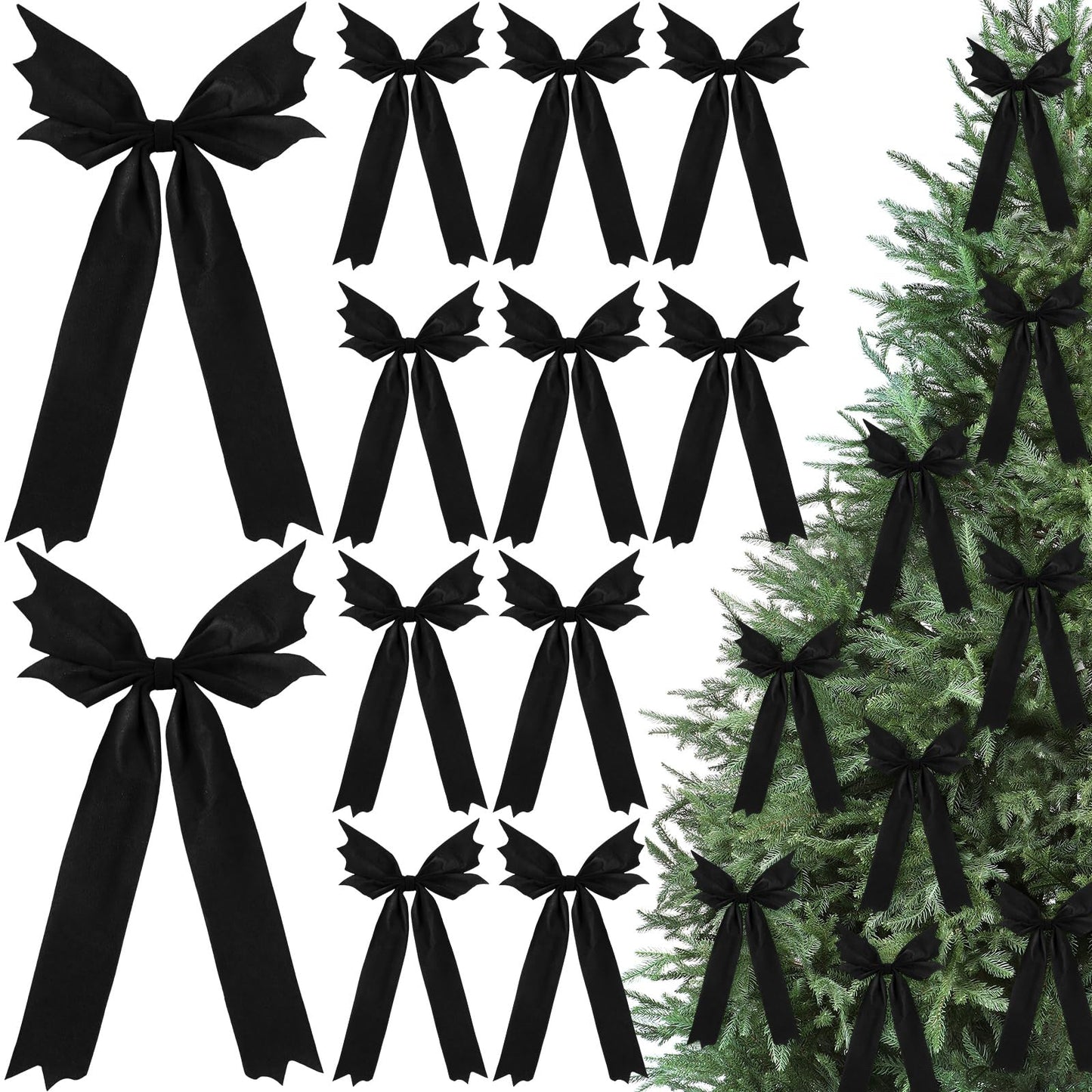 Eurzom 12 Pcs Gothic Christmas Bat Bows Tree Ornaments 10'' x 6'' Spooky Christmas Decor Horror Black Bat Shaped Velvet Bows, Creepy Nightmare Hanging Decorations for Xmas Wreath Home Party Gift