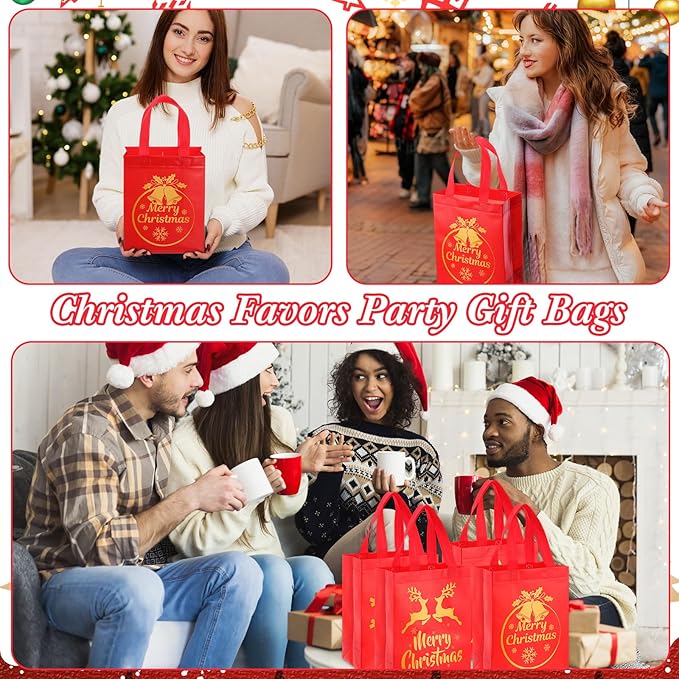 Wesnoy 24 Pcs Christmas Gift Bags Bulk 10 x 8 x 4 Inch Christmas Red Gold Non Woven Party Favors Goodies Candy Bags with Handles for Holiday Gift Birthday Party Supplies