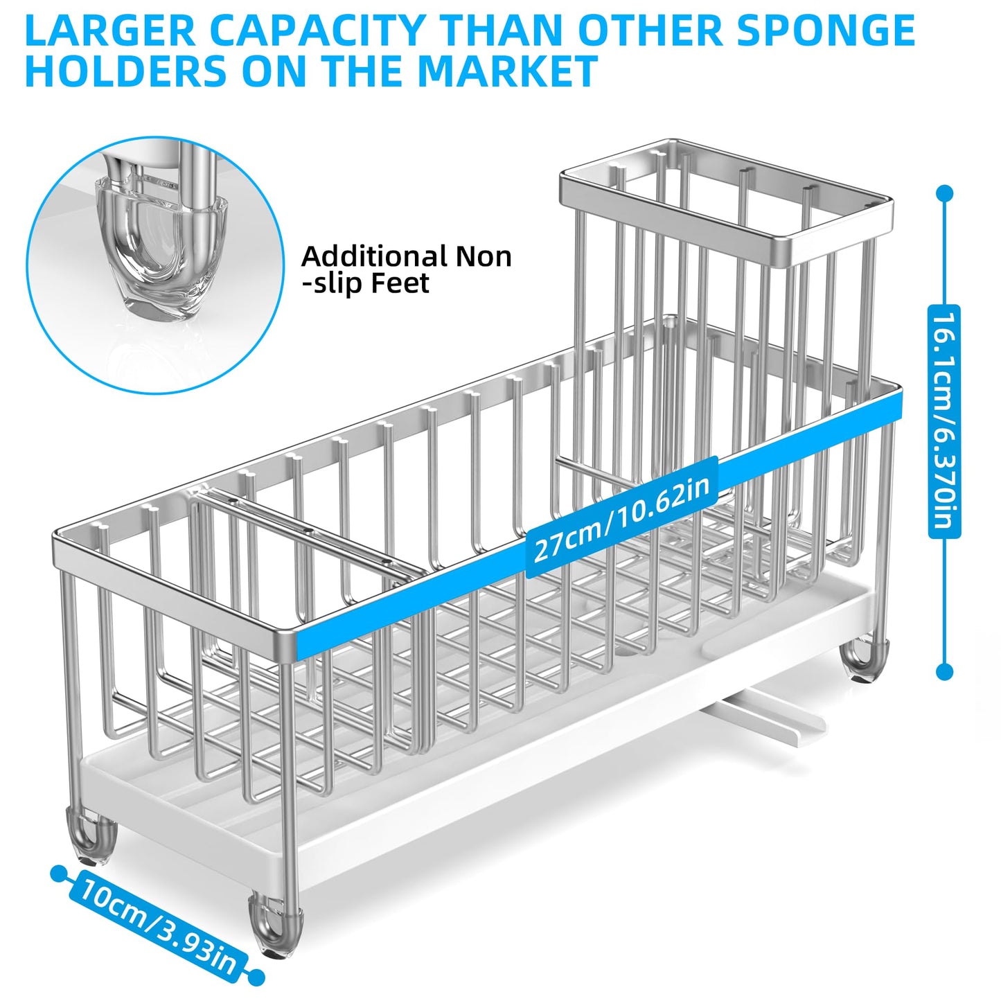 Moforoco Larger Version Sponge Holder for Kitchen Sink, Sink Caddy with High Brush Holder, Kitchen Sink Organizer Countertop Rustproof 304 Stainless Steel (Stainless Steel)