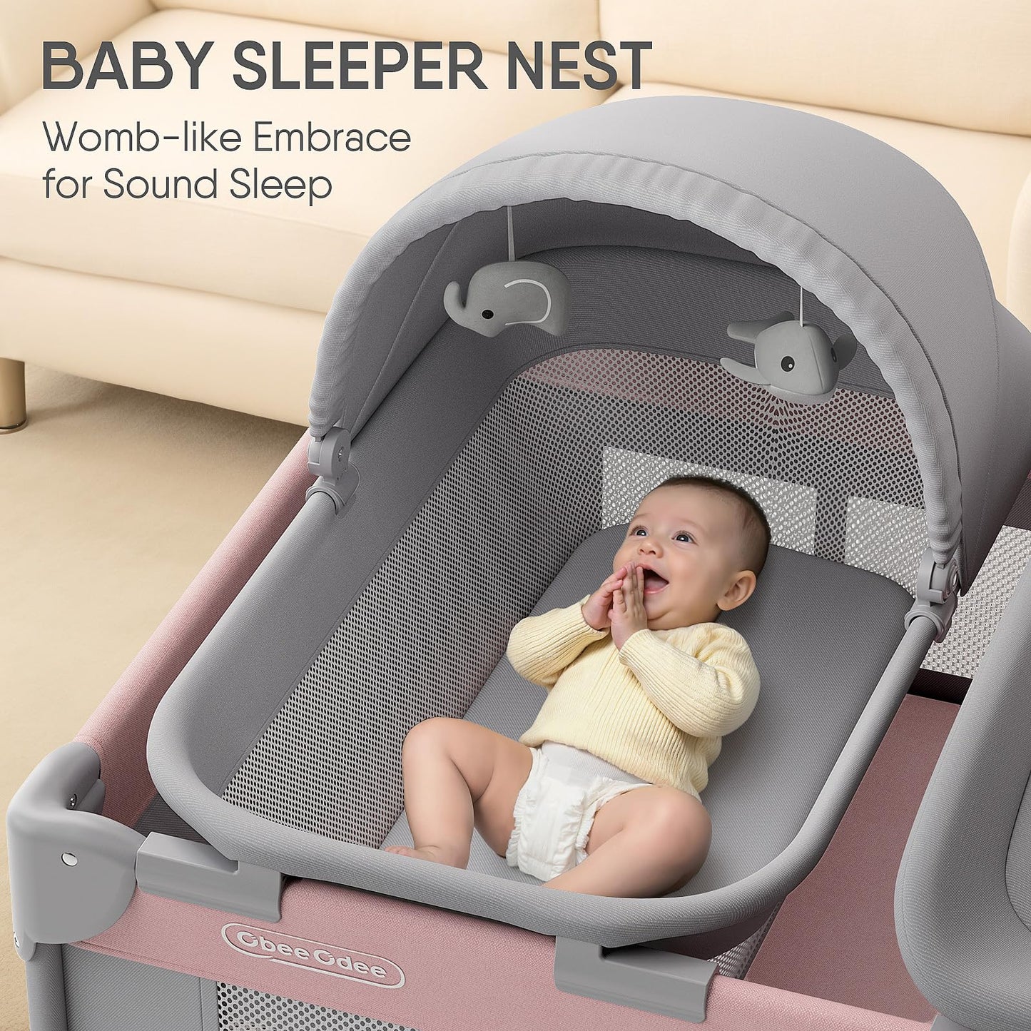 Obee Odee 4-in-1 Baby Bassinet with Playard, Napper Bassinet, Changing Table, Mosquito Net & Canopy, Storage and Toys for Newborn to Toddler