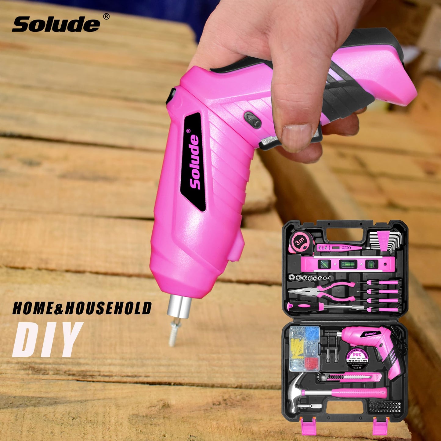 SOLUDE Pink Tool Set,130 Piece Home Tool Kit for Women with 3.6V Cordless Rechargeable Screwdriver,Basic Household Tool Kit Set for New Home,Apartment,College Dorm & DIY Projects