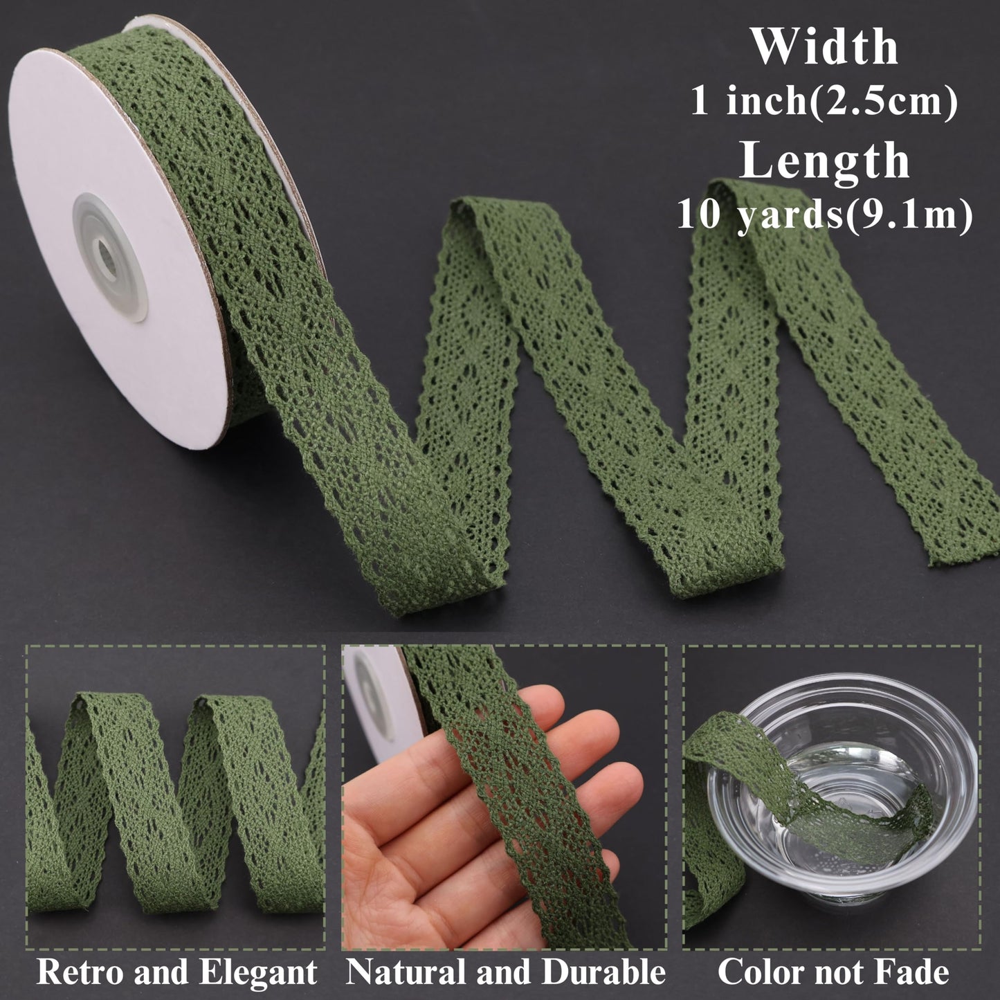 Natural Cotton Craft Ribbon 1" Vintage Cotton Crochet Lace Trim Spool Wrapping Ribbon 10 Yards (Green)