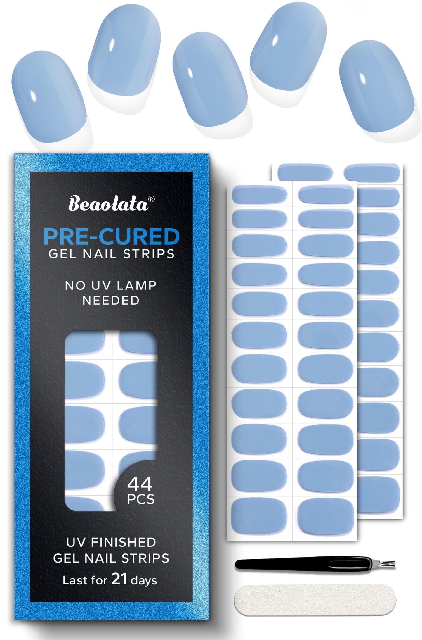 Beaolata Real Gel Nail Strips (No UV Light Needed) - 44Pcs Salon Quality Nail Stickers - Long Lasting Polish Wraps for Women, Easy Apply & Remove (Lily Blue)
