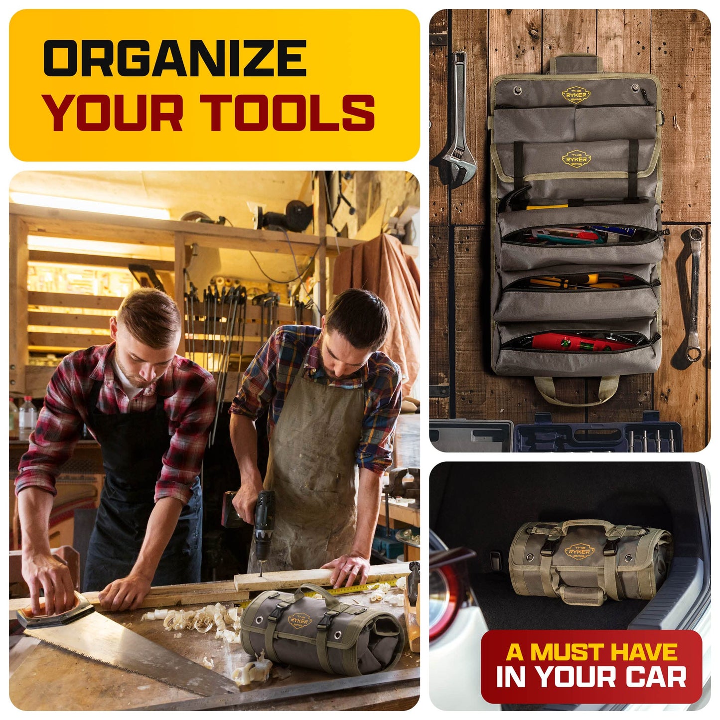 The Ryker PRO Official Roll Up Tool Bag Organizer Gifts for Dad. Motorcycle Tool Bag Organizer for Mechanic & Tools Storage Toolbag Tools Bags Mens gifts for him - w/4 Detachable Pouches & Wrench Roll