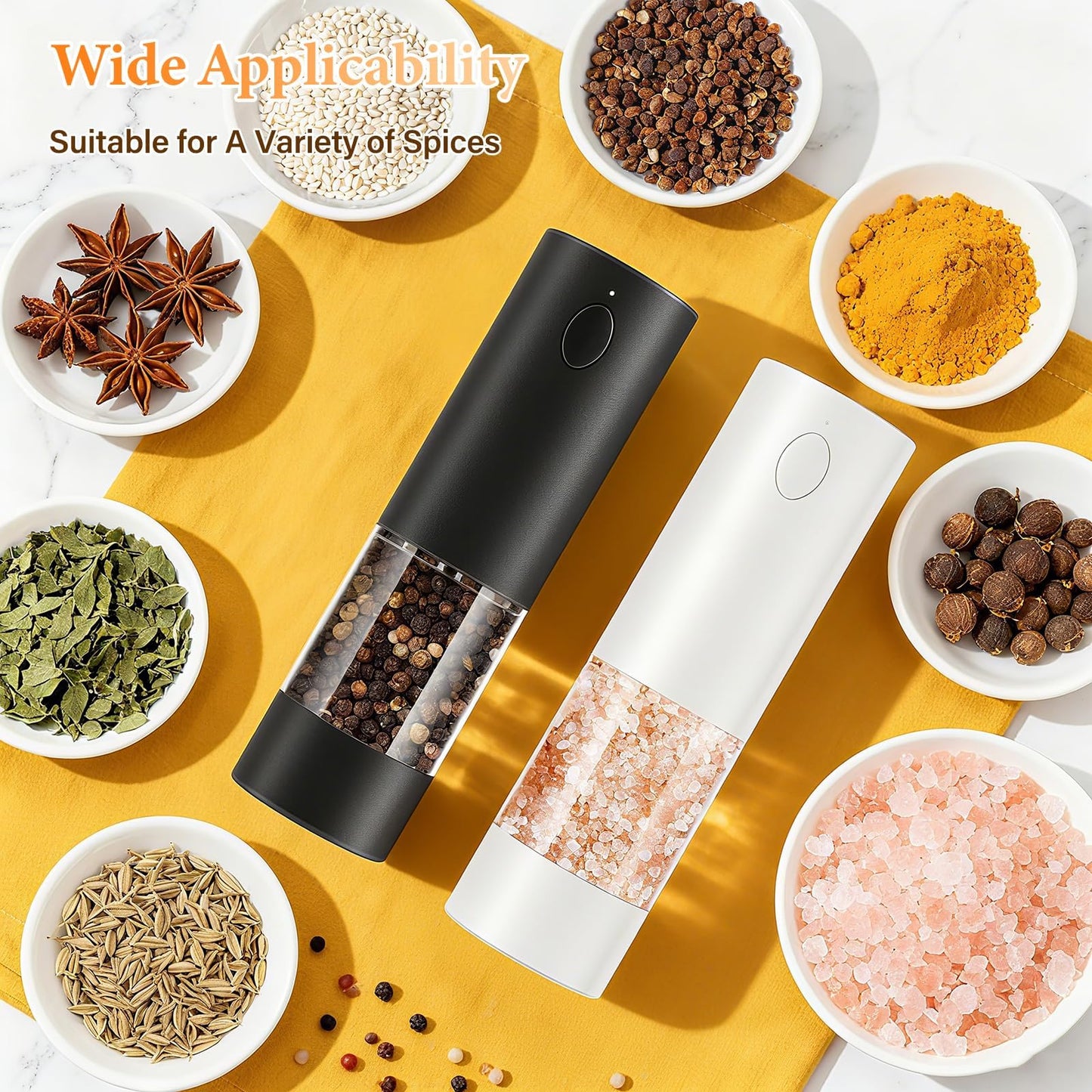WOWBOX Electric Salt and Pepper Grinder Set 2 PCS, 6-Level Adjustable Coarseness, Rechargeable with LED Light, Large Capacity Multifunctional, for Kitchen, BBQ, Outdoor, Restaurant (Black & White)