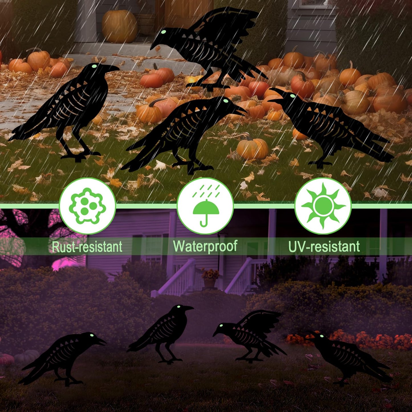 YY Gardenia Halloween Decorations Outdoor,Metal 4 Pack Black Crow Garden Stake - Spooky Glow in The Dark Raven Silhouette Crows Halloween Decorations