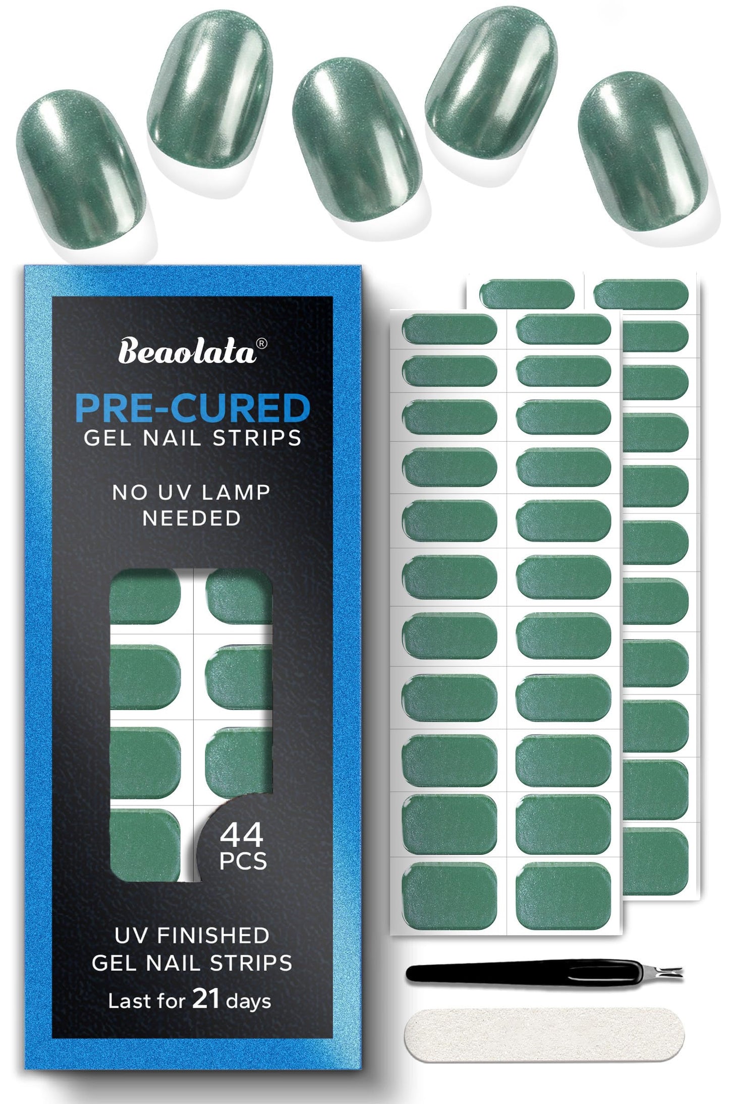 Beaolata Real Gel Nail Strips (No UV Light Needed) - 44Pcs Salon Quality Nail Stickers - Long Lasting Polish Wraps for Women, Easy Apply & Remove (Chrome Needle Green)