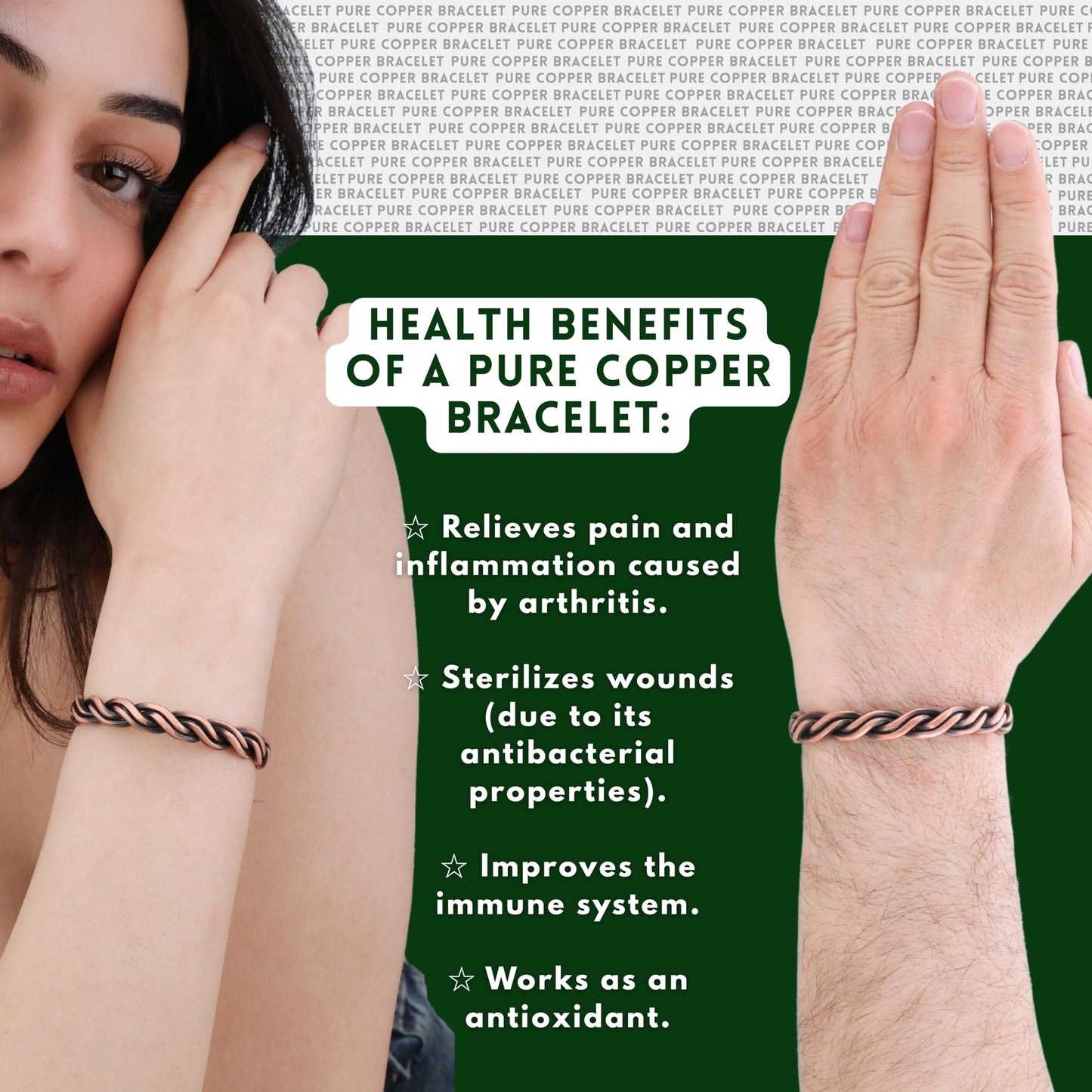 Handmade Elegant Copper Bracelet for Women and Men-Pure Copper Bracelet for Pain Relief and Stress Relief-Adjustable, Thickest, Twisted Copper Wire Bracelet to Fit many Size Wrist(folded) (helix)