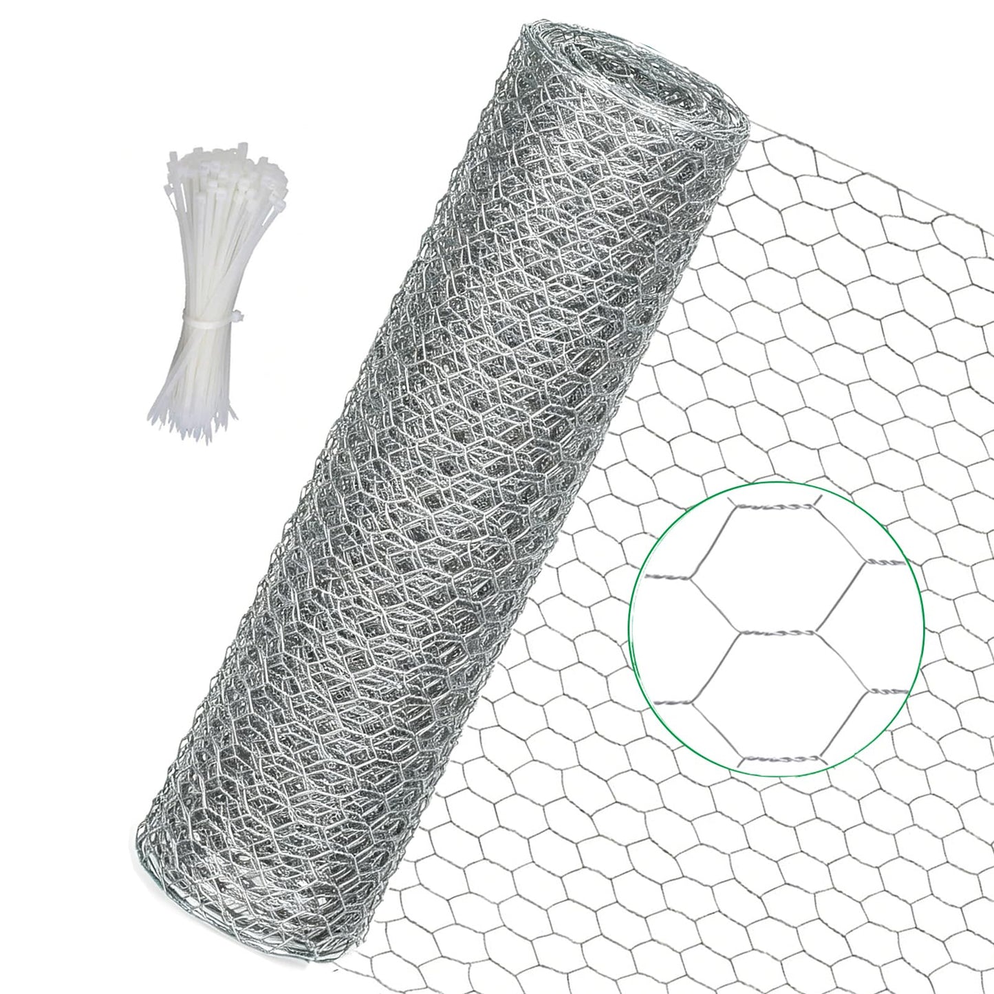 KIMZHE Chicken Wire Fencing, 16 Inx 23Ft(40cm x 7m) Chicken Wire Mesh Roll, 1 in Mesh Poultry Wire Netting, Anti-Rust Hexagonal Galvanized for Chicken Coop Crafts Garden Fence with 50 Zip Ties