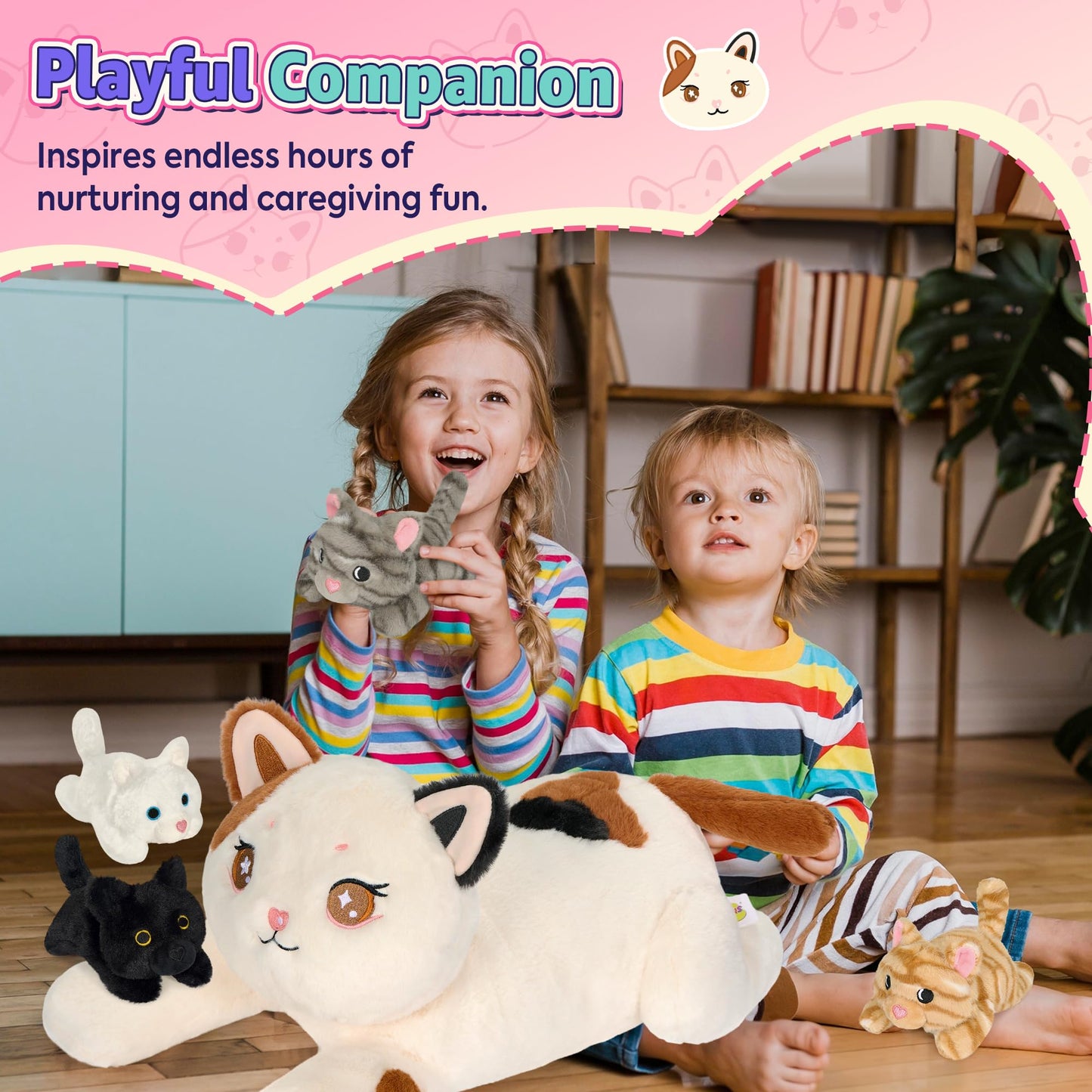 Onsoyours Original 5PC Cat Stuffed Animals with Babies Inside, Kawaii Kiity Plush with Mommy & 4 Kittens - Cute Plushies Toys for Girls Kids (White)
