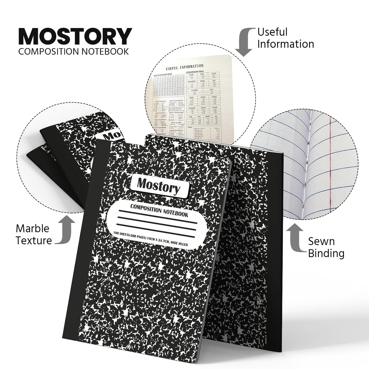 MOSTORY Pack of 10 Composition Notebook - Wide Ruled 200 Pages (100 Sheets), Size 7.5" x 9.75", Bulk School Supplies, Office, Bulk Notebooks for School, Writing Journal Notebook with Lined Paper