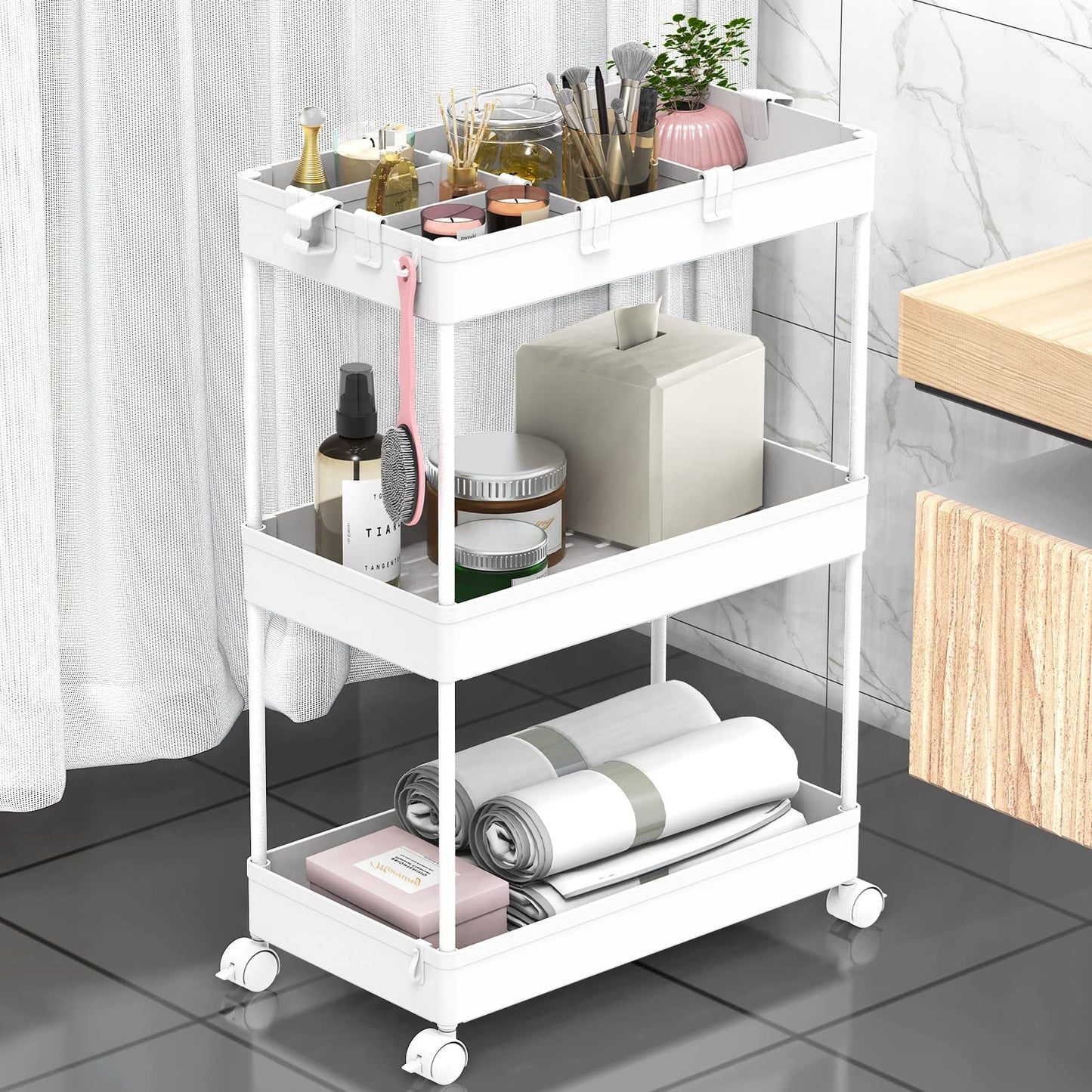 SPACELEAD 3 Tier Rolling Cart with Wheels, Storage Craft Art Trolley Organizer Serving, 3 Hanging Baskets Easy Assembly, for Office, Bathroom，Living Room, Kitchen, White