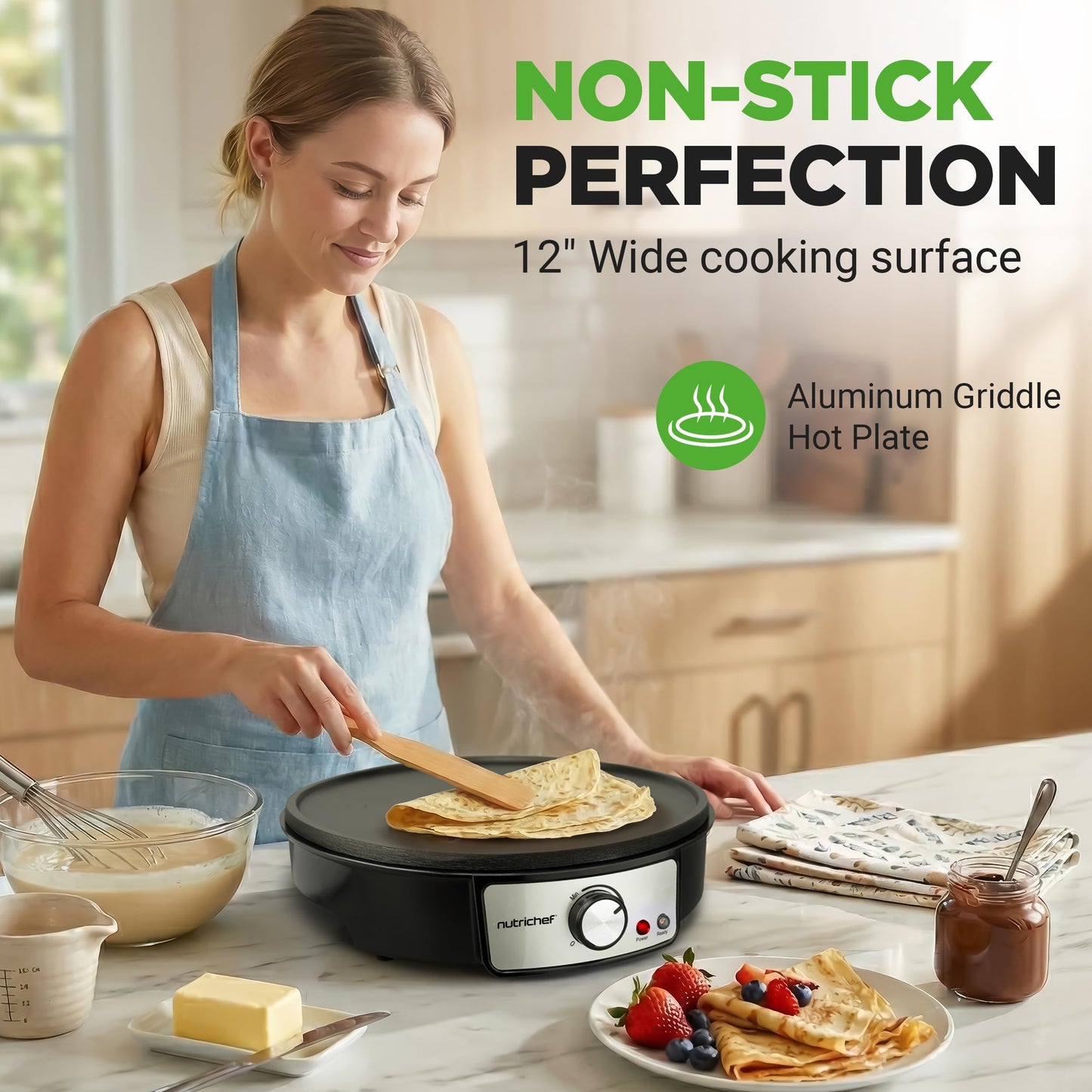 Nutrichef Electric Crepe Maker & Griddle Cooktop - Nonstick 12 Inch Aluminum Hot Plate with LED Indicator Lights & Adjustable Temperature Control - Wooden Spatula & Batter Spreader Included