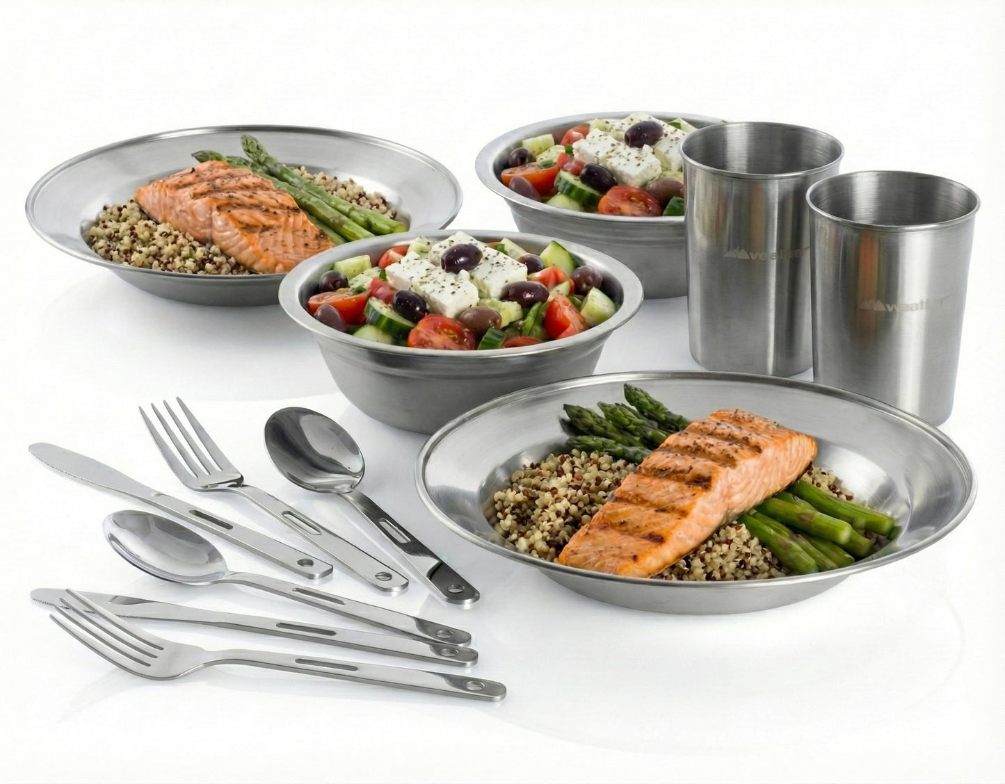 Wealers Unique Complete Messware Kit Polished Stainless Steel Dishes Set| Tableware| Dinnerware| Camping| Buffet| Includes - Cups | Plates| Bowls| Cutlery| Comes in Mesh Bags (2 Person Set Blue)