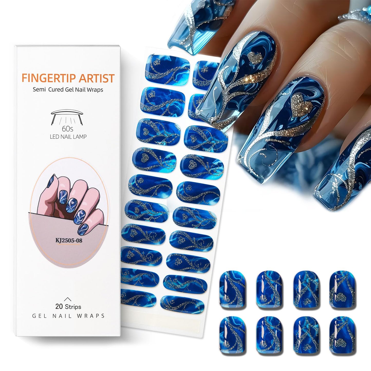 Semi Cured Gel Nail Strips with Gold Heart Designs Blue Gel Nail Strips Glossy Stickers Salon Quality & Easy to Use for Women 20 Pcs