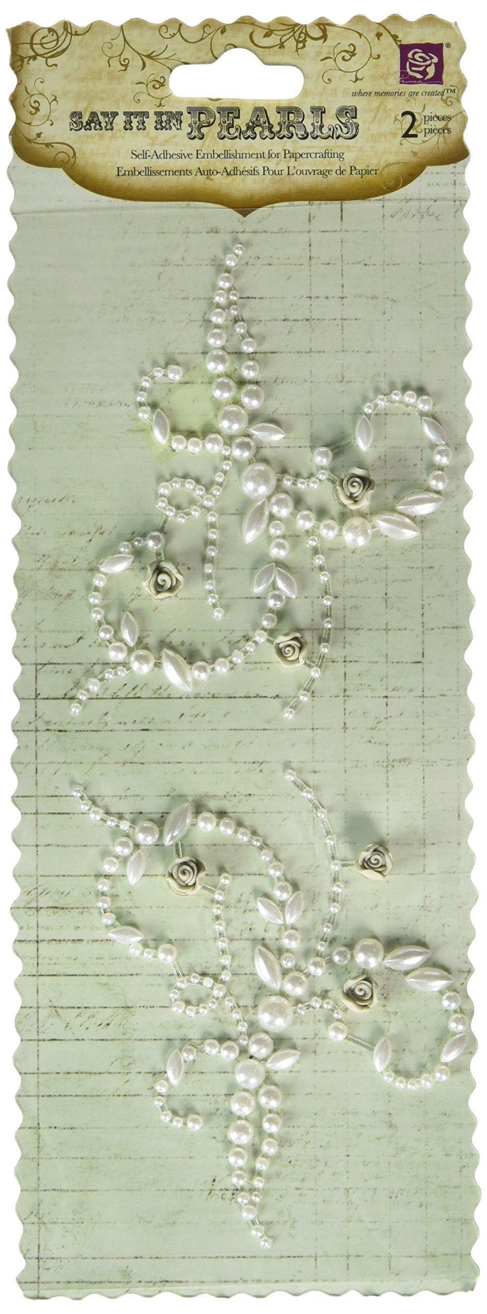 Prima 535667 6-1/2-Inch Say It in Pearls Self Adhesive Jewel Art Mini Flourish with Roses, Cream