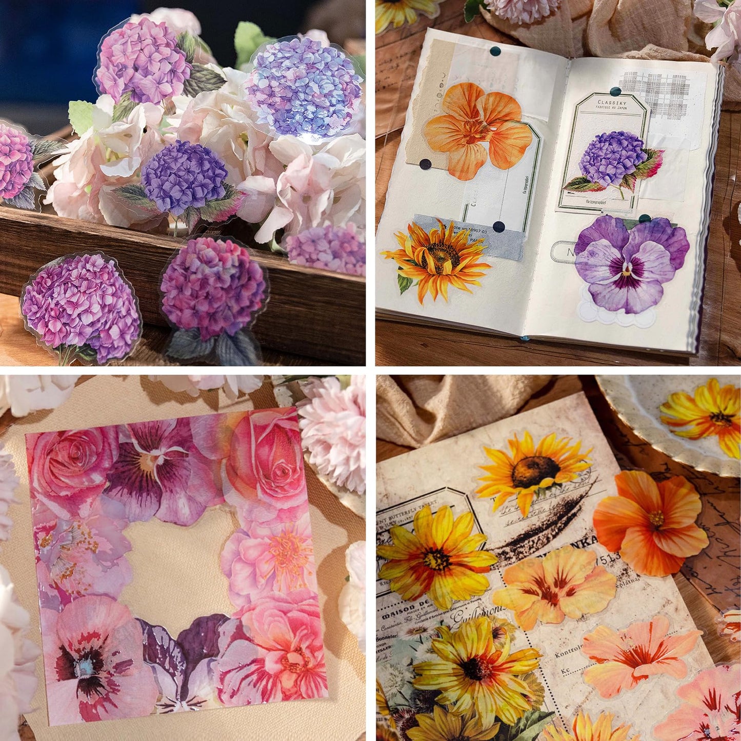 RISYPISY 120PCS Large Flower Stickers, Waterproof Transparent Sticker | Floral Decals for Scrapbooking, Water Bottle, Laptop, Junk Journal, Bullet Journals, Planners