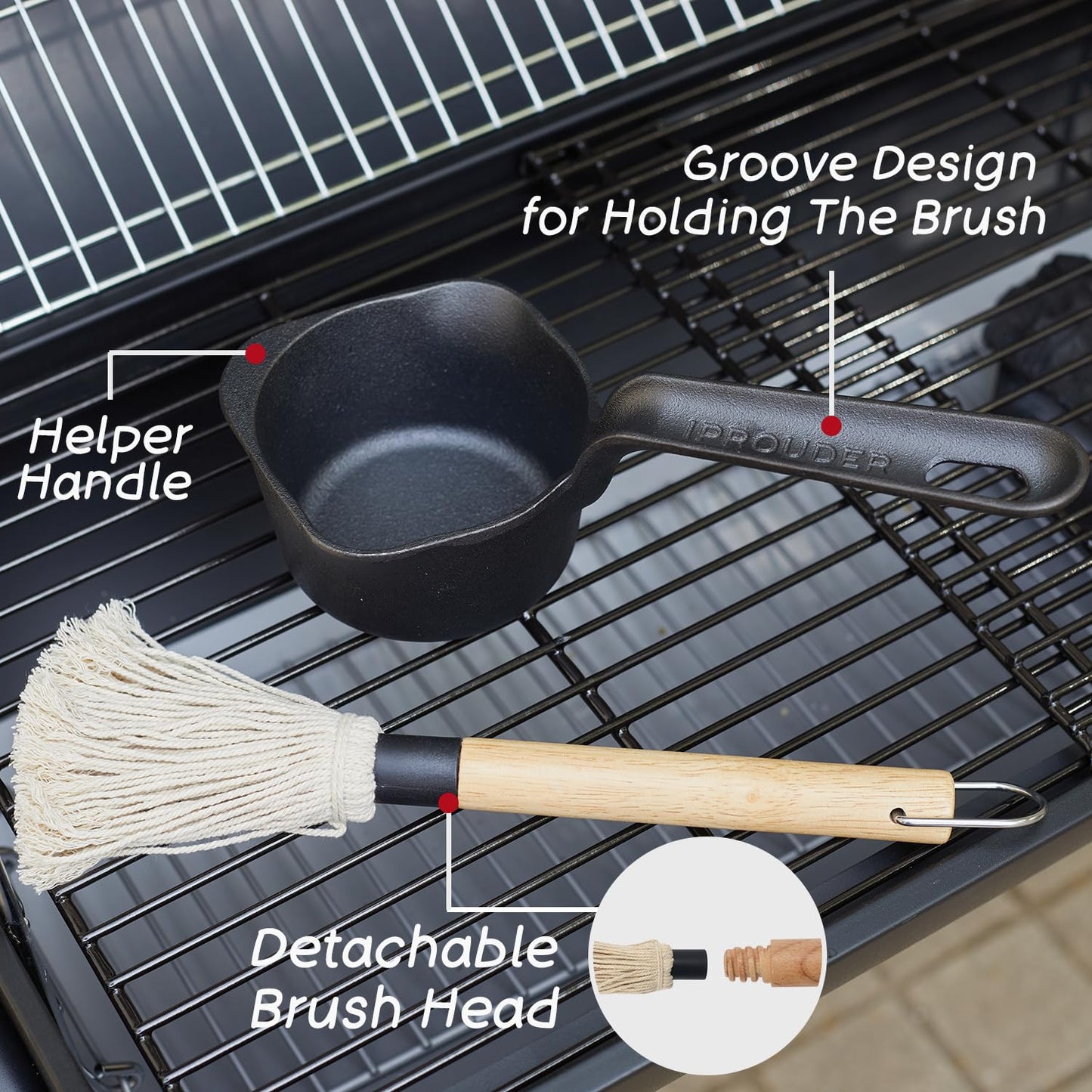 IPROUDER Cast Iron Sauce Pan and Basting Pot with BBQ Mop Brushes - Cast Iron Small Sauce Pots 2 Pcs for Grilling, Melting, Camping Cooking & Stoves - Mini Pot for Butter Melter