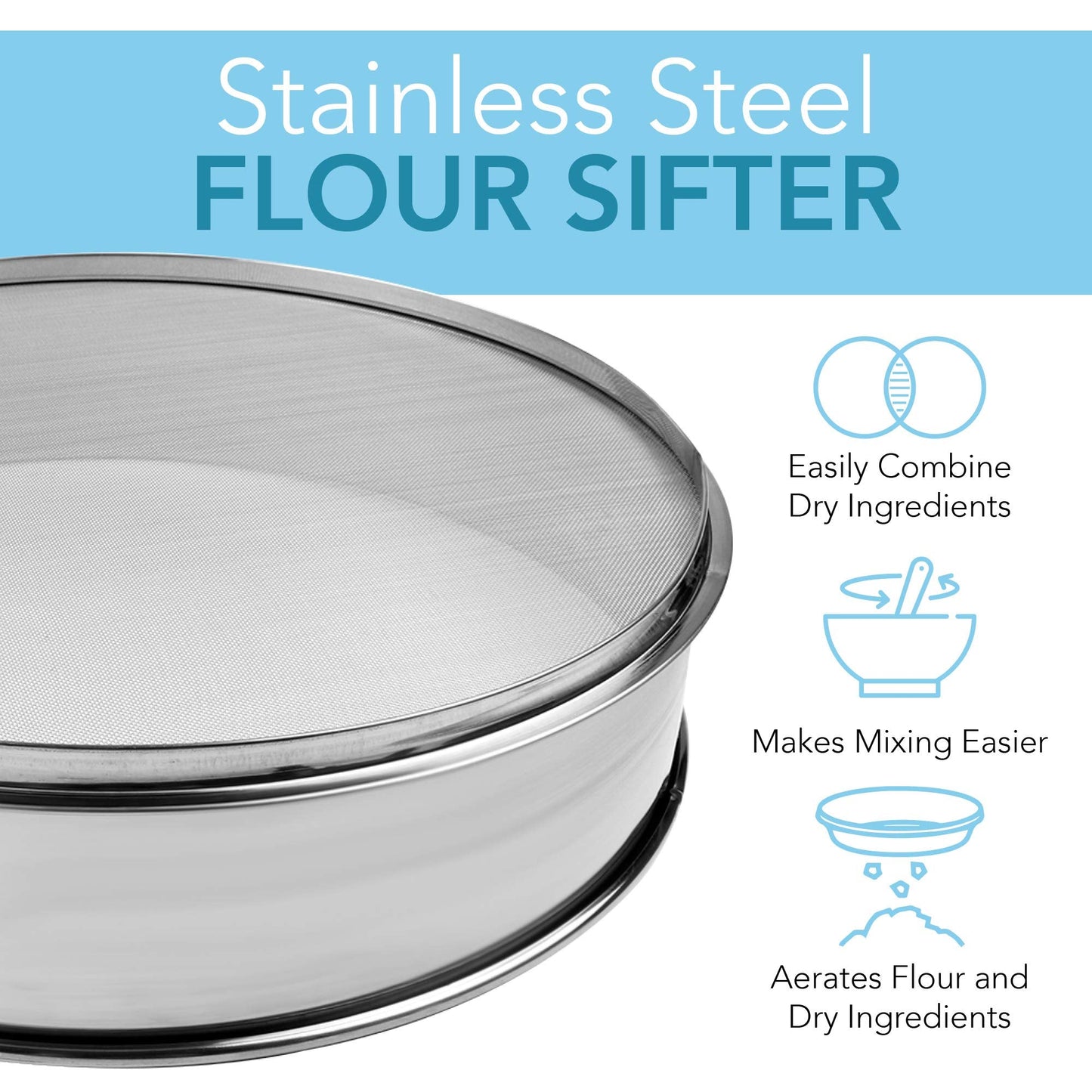 Vollum Stainless Steel Flour Sifter Fine Mesh Round Flour Sieve for Baking 12" Diameter x 2.5" High; 50 Mesh (Hole Size 0.3mm)