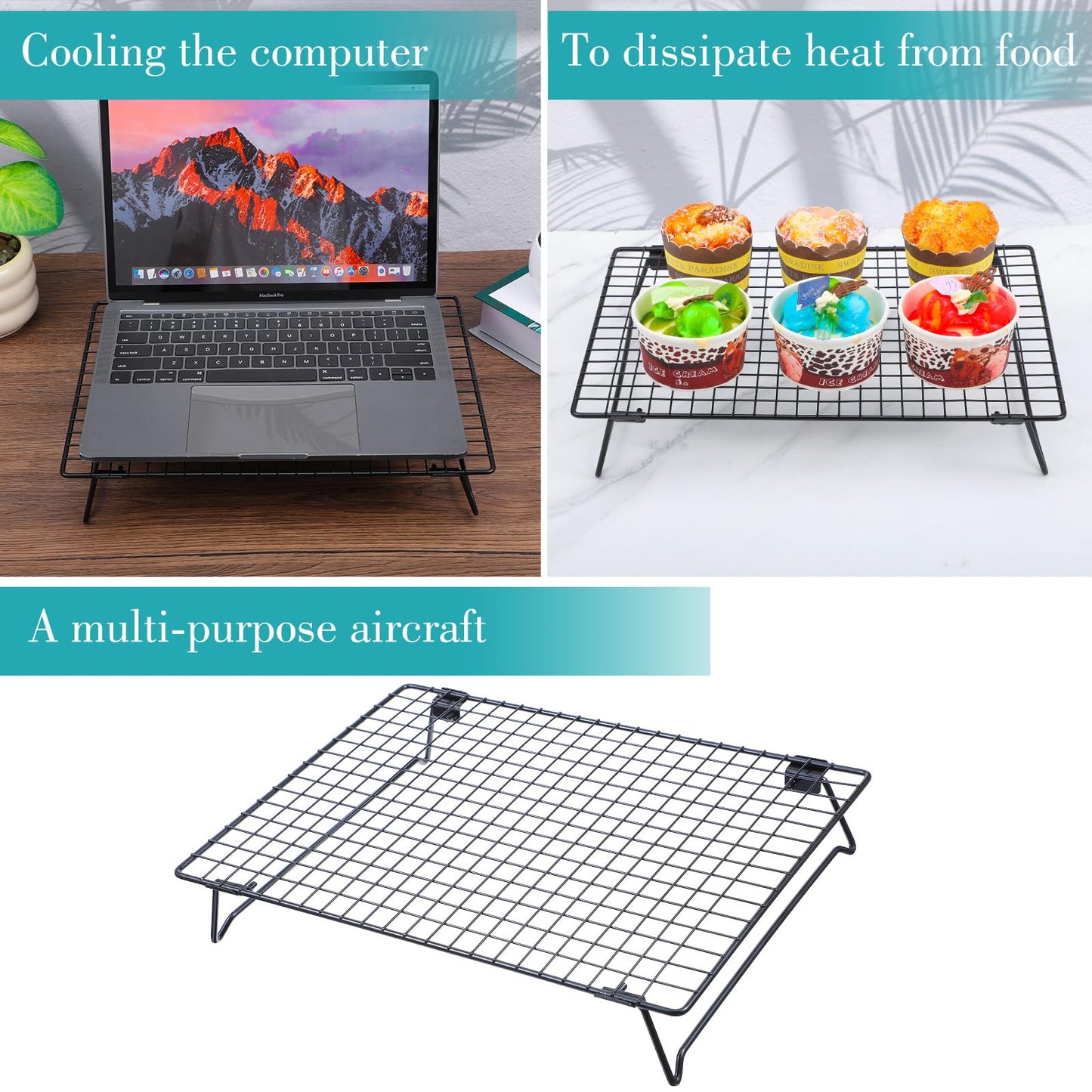 Kifmurase 3PCS Stackable Cooling Rack for Baking, 13.3 x 9.3 Inch Carbon Steel Wire Rack with Folding Legs for Cookie Cake Pizza Jerky, Multi-Use Bread Oven Racks for Cooking Roasting Drying Grilling