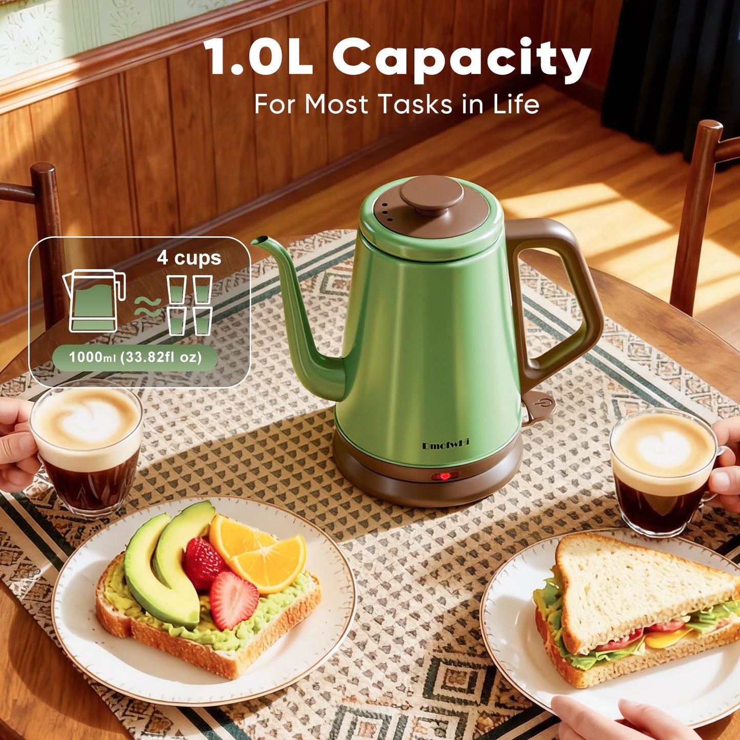 DmofwHi Gooseneck Electric Kettle(1.0L), 100% Stainless Steel BPA Free Classic Pour Over Coffee Kettle | Tea Kettle - Green