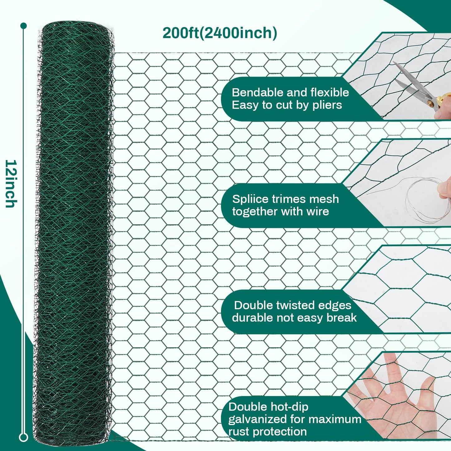 GlikCeil 12 in X 200 ft Chicken Wire Fencing Metal Floral Chicken Wire Mesh for Crafts Poultry Garden, 1 Inch Hexagonal Galvanized Hardware Netting for Poultry Coop Barrier Rabbit Cage (Green)