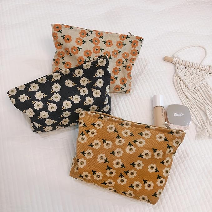 HAPPYHEIDI Women Floral Corduroy Canvas Travel Makeup Bag Cosmetic Pouch Purse Organizer, Khaki