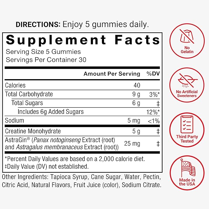 Force Factor Creatine Monohydrate Gummies, 5g Dose for Men & Women to Support Muscle, Strength, Recovery, Cognitive Health & Memory, Mixed Berry, 150 Gummies