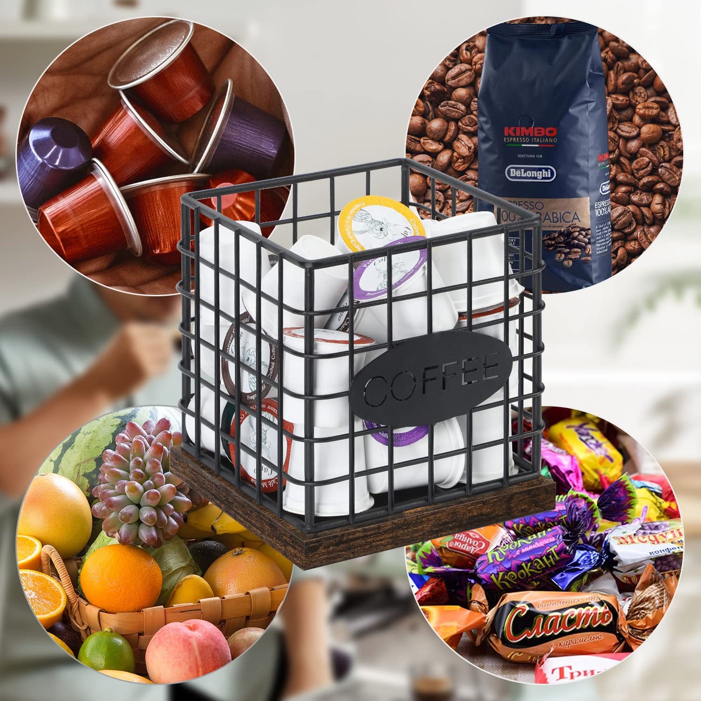 YINMIT K Cup Holder Organizer, Sturdy Coffee Pod Holder Organizer, 35 Kcup Large Capacity Storage Basket for Kitchen Counter and Office Desktop (Square Grid)