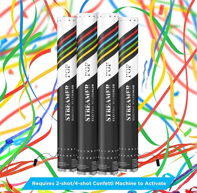 Electric Streamer Cannon Cartridges, 4 PIECES — 16" Multicolor Streamer Poppers for Weddings, Parties, Events | Requires 2-Shot/4-Shot Confetti Machine to Activate